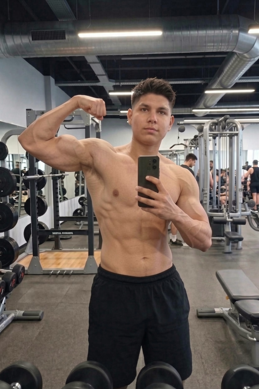 Before and after showing skinny to muscular transformation using GigaBody AI visualization